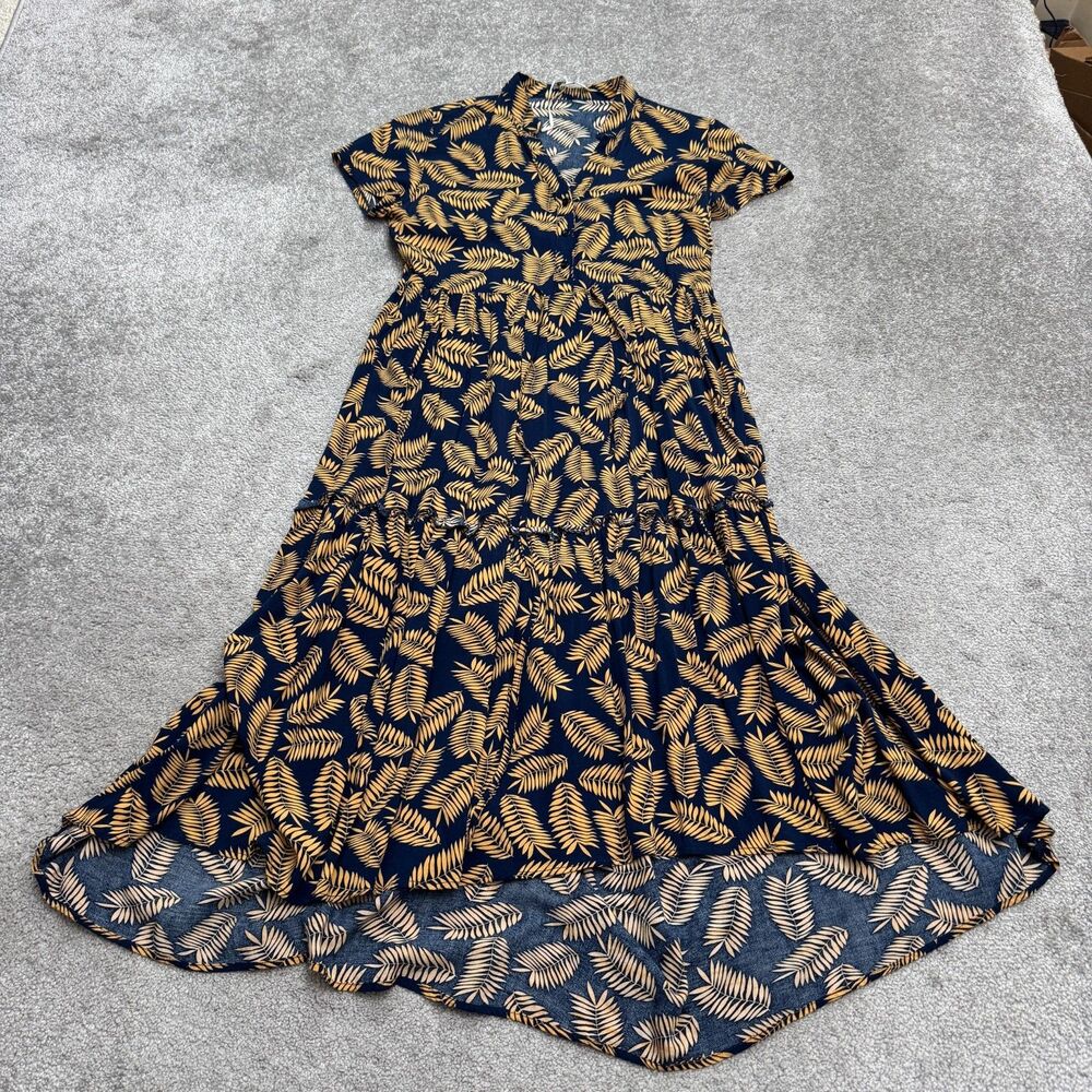Biscote Palm Leaf Hi-Low Maxi Tiered Dress Womens 2 Navy Brown Short Sleeve Boho